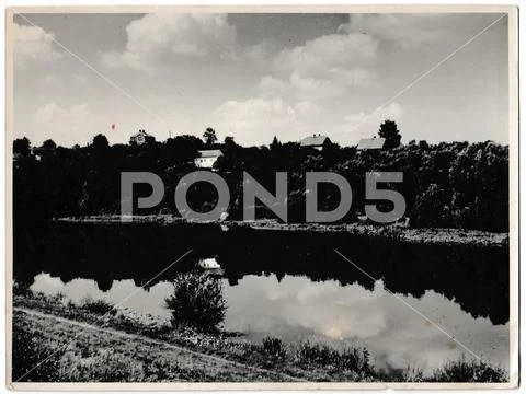 Retro photo shows view on the river. Black & white vintage photography Stock Photos