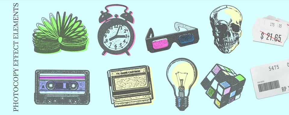 Retro photocopy effect elements pack with price sticker. Grainy skull, lightb Stock Illustration