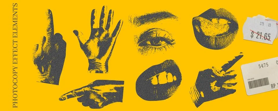 Retro photocopy effect elements with price sticker, grainy hands palm gesture Illustrazione stock