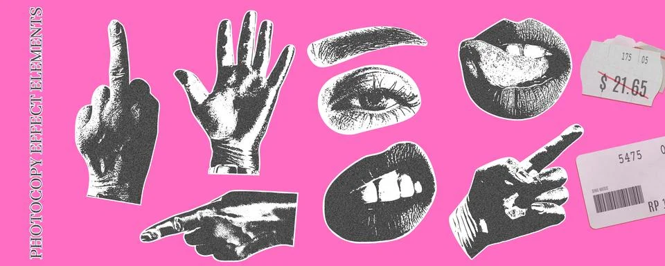 Retro photocopy effect elements with price sticker, grainy hands gesture, sexual Stock Illustration