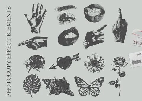 Retro photocopy effect vector elements, grainy hands gesture and face parts, Y2K 库存插图