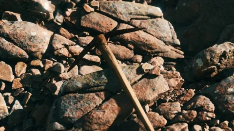 Retro pickax on the rocks Video stock 148698464
