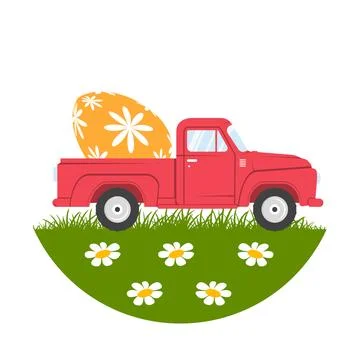 Retro pickup with easter eggs on green grass on a white background. Vector Illustrazione stock