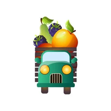 Retro pickup front view with fresh farm fruits Stock Illustration