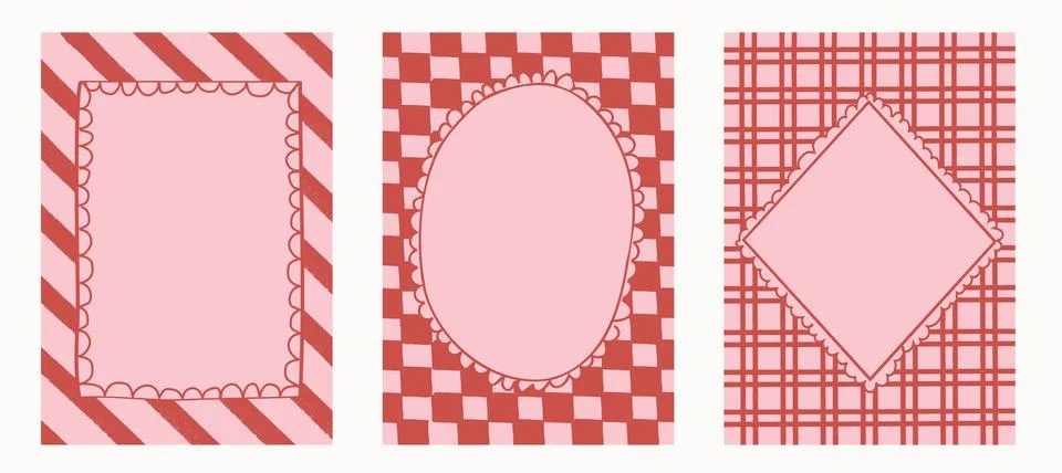 Retro pink and red frames with scalloped lace borders on striped, checkered イラスト素材
