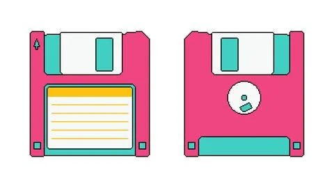 Retro pink floppy disk set in pixel art style. Vector front and back view Stock Illustration