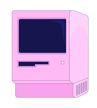 Retro pink Macintosh style computer with floppy drive slot 2D cartoon object Stock Illustration