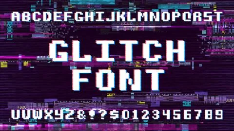 Retro pixel art font on display with tv noise glitch effect. Computer game Illustrazione stock