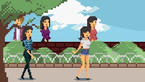 Retro pixel art game character animation various people walking in park scene 4k Stock Footage 93573159