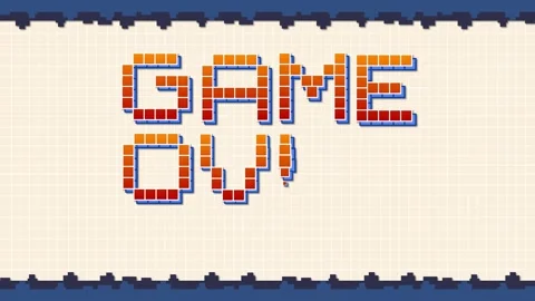 Retro Pixel Art Game Over Text Animation with Spaceship Shooting Blocks Stock Footage 334989292