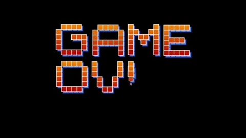 Retro Pixel Art Game Over Text Animation with Spaceship Shooting Blocks Stock Footage 335682015