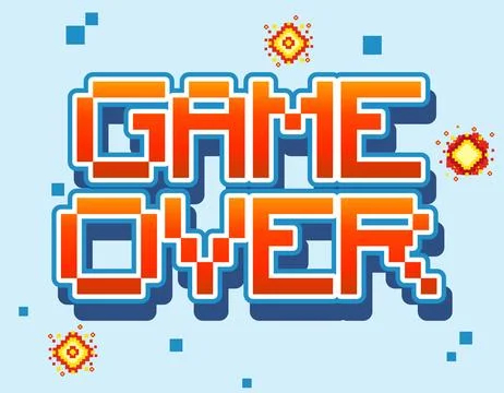Retro Pixel Art Game Over Typography with Orange Gradient and Blue Background イラスト素材