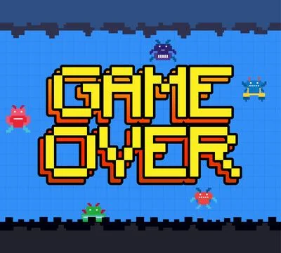 Retro Pixel Art Game Over Typography with Colorful Alien Invaders Illustrazione stock