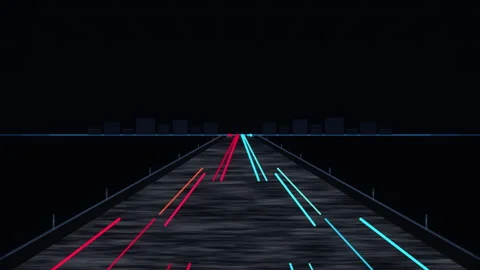 Retro pixel art highway loop driving forward into dark city skyline Stock Footage 347955988