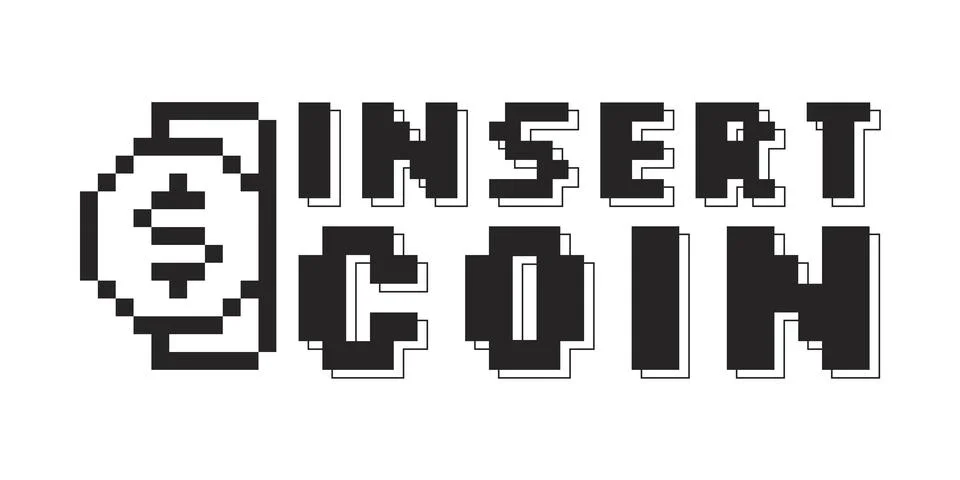 Retro pixel art insert coin black and white gaming reaction Stock Illustration