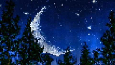 Retro pixel art night sky with crescent moon and forest trees Stock Footage 344801605