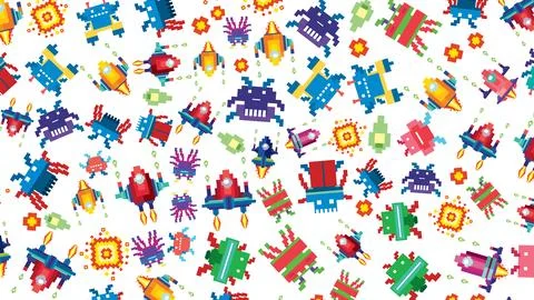Retro Pixel Art Pattern with Alien Spacecraft and Arcade Sprites Ilustración de archivo