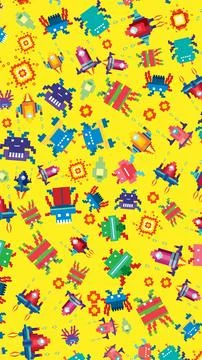Retro Pixel Art Pattern with Colorful Alien Spacecraft and Monsters Illustrazione stock