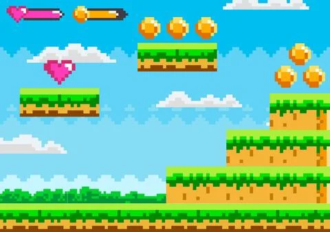 Retro Pixel Art Platform Game Level with Floating Coins and Heart Stockillustratie