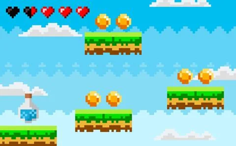Retro Pixel Art Platformer Game Level with Hearts, Coins, and Potion Illustrazione stock