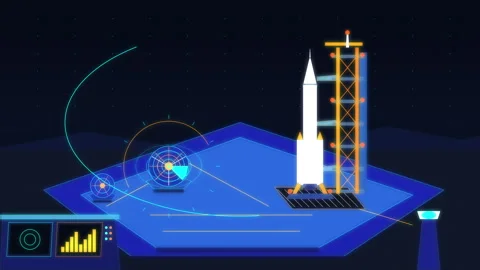 Retro pixel art rocket launch pad with radar HUD animation Stock Footage 347213018