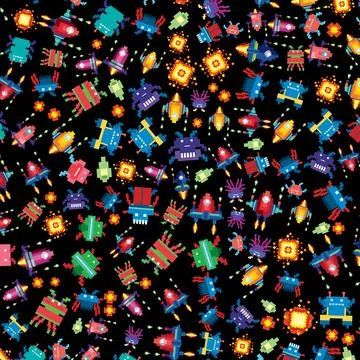 Retro Pixel Art Space Battle Pattern with Alien Ships and Explosions Stock Illustration