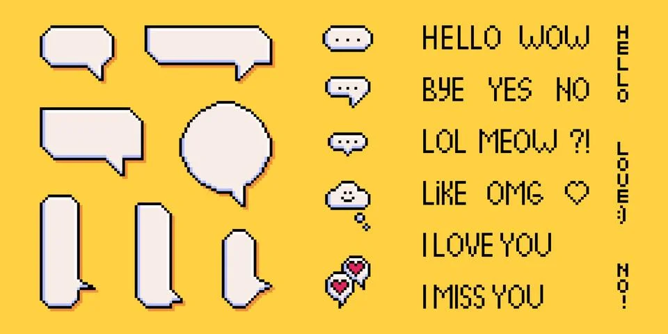 Retro pixel art speech bubbles and chat messages Illustration