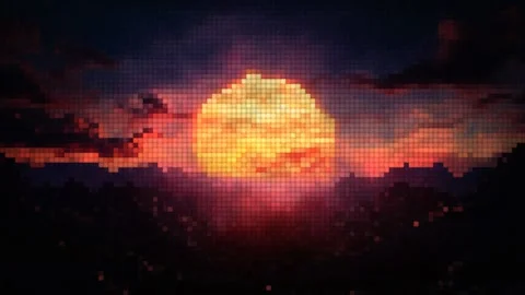 Retro pixel art sunset with big glowing sun. 8-bit evening landscape silhouet Stock Footage 341748437