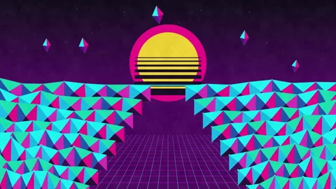 Retro pixel art sunset landscape animation with synthwave glowing sun, neon Stock Footage 346740508