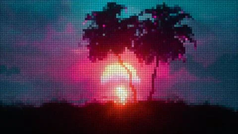 Retro Pixel Art Synthwave Sunset Palm Trees Background Stock Illustration