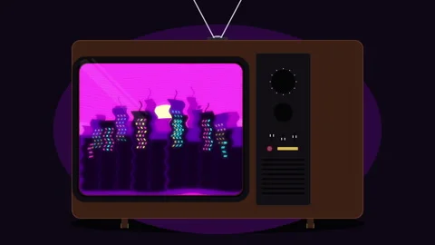 Retro pixel art television displaying a purple synthwave city skyline Stock Footage 346553294