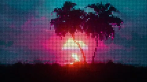 Retro pixel art tropical sunset with palm tree silhouettes Stock Footage 344111033