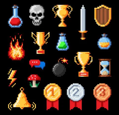 Retro pixel art vector icons of 8 bit game asset Stock Illustration