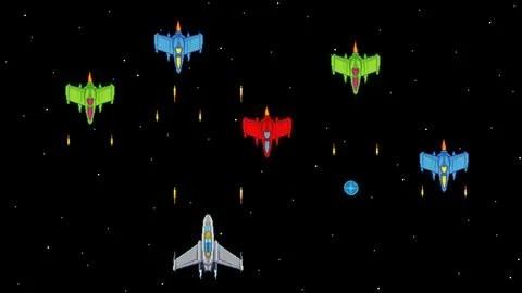 Retro pixel art vector scene of a space battle with spaceships on starry Stock Illustration