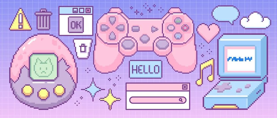 Retro pixel computer game icons collection Stock Illustration