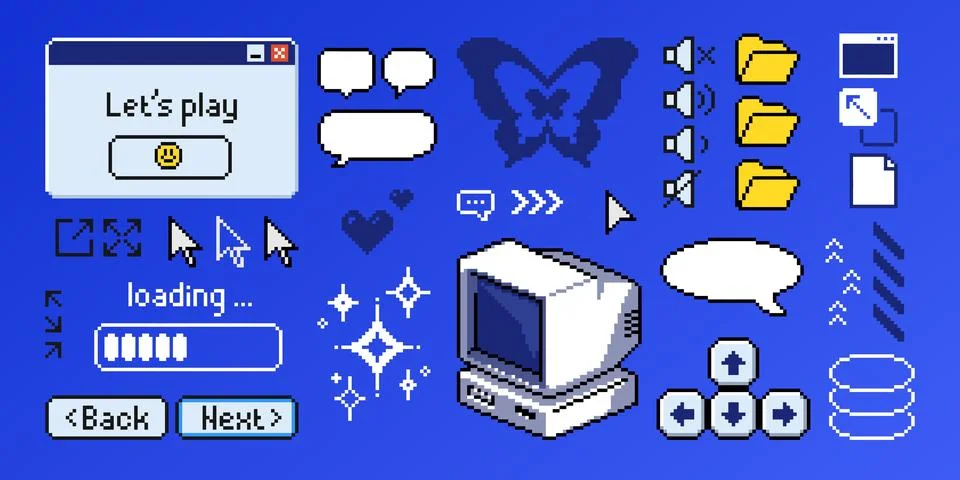Retro pixel computer game with y2k style interface Stock Illustration