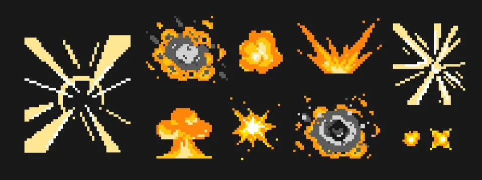 Retro pixel explosions with flames 库存插图