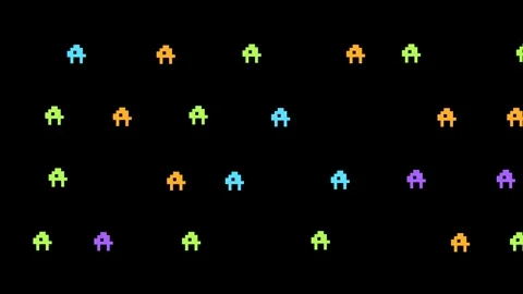 Retro pixel game characters marching on black background overlay 4K Vídeo Stock 337062377