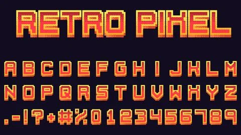 Retro pixel game font. Arcade game 16-bit 3D pixel letters and numbers Stock Illustration