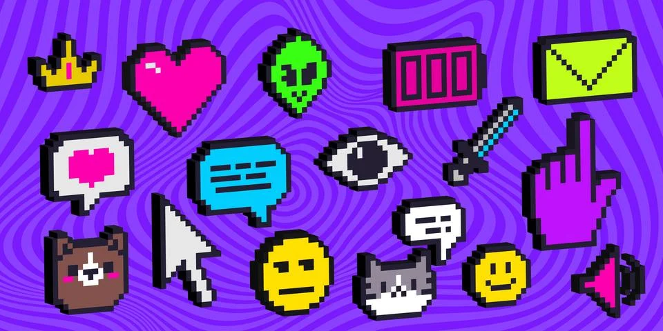 Retro pixel icons with 3d effect Illustrazione stock
