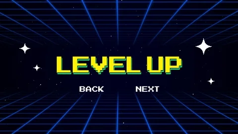 Retro Pixel Level Up Animation with Neon Grid Background Stock Footage 319059419