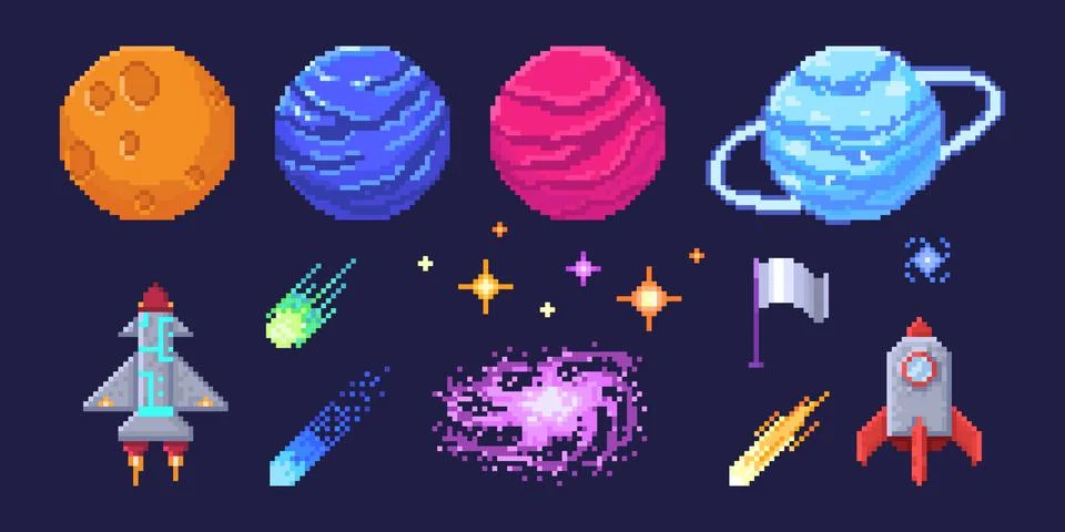 Retro pixel planet set Stock Illustration