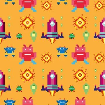 Retro Pixel Space Adventure Pattern Stock Illustration