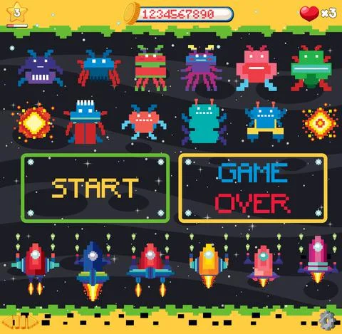 Retro pixel space game interface Illustrazione stock