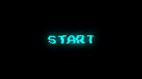 Retro pixel start button with cyan neon glitch effect on black Stock Footage 329753350