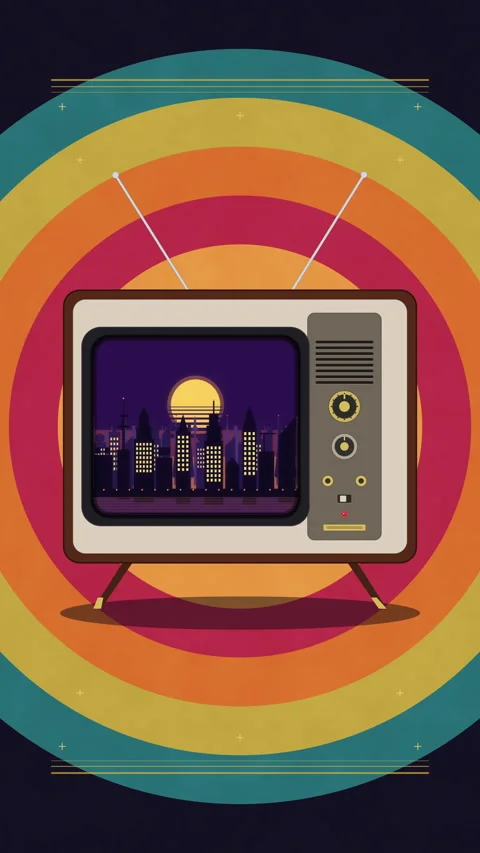 Retro pixel tv animation showing a neon cityscape at sunset loop Stock Footage 346553364