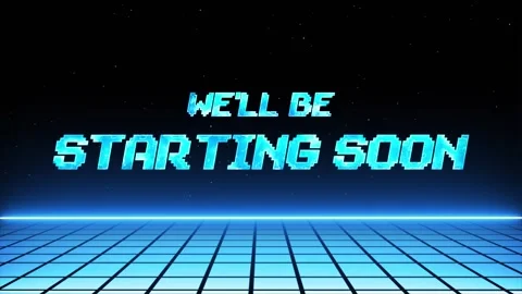 Retro pixel we'll be starting soon with neon blue grid and starfield background Stock Footage 342697355