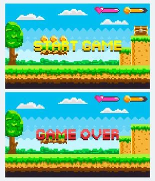 Retro Pixelated Video Game Interface with Start Game and Game Over Screens Stock Illustration