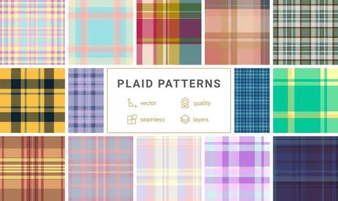 Retro plaid pattern set featuring timeless tartan geometry. Seamless vector.. Stock Illustration