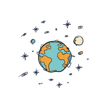Retro Planet Earth Globe Doodle Color Space Illustration Stock Illustration